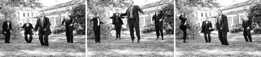 Black and white groomsmen jumping