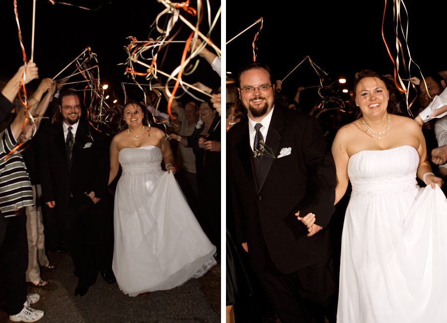 Wedding couple grand exit with streamers