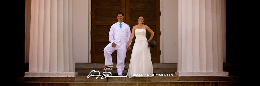 Wedding portrait with motorcycle helmets