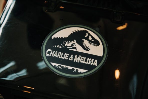 A custom Jurassic Park theme wedding sticker