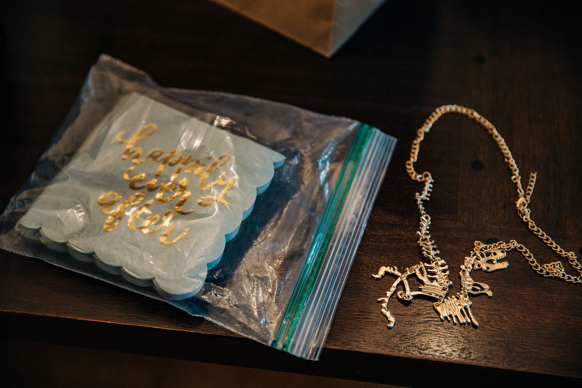 A gold colored dinosaur themed necklace lies on a wood table