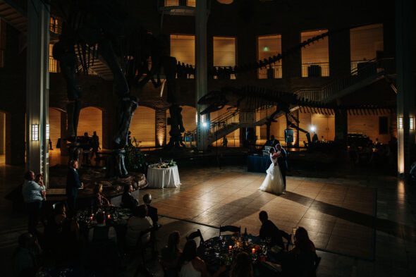 A dramatic wide angle view of a bride and groom having their first dance at Fern Bank science center