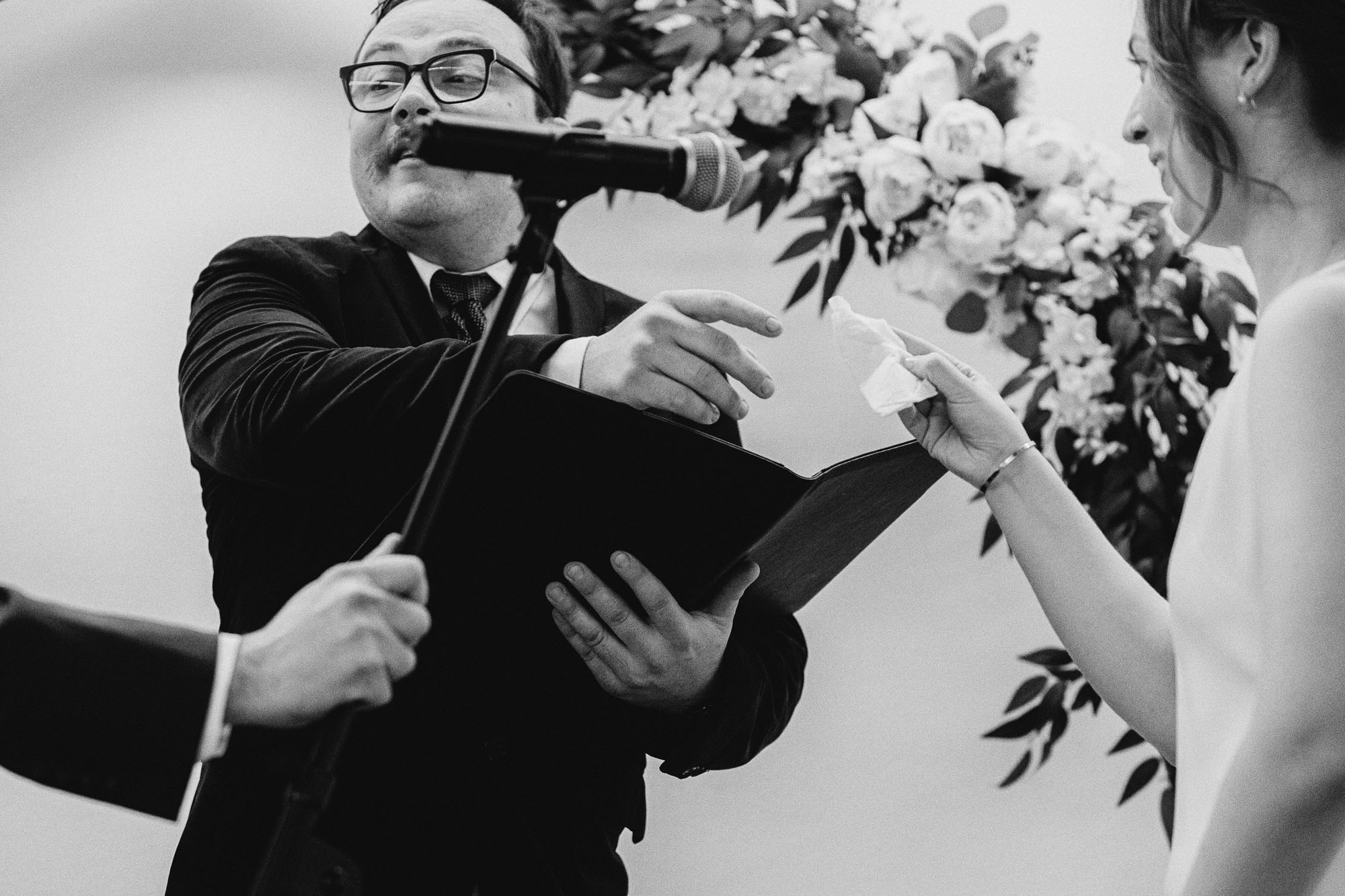 black and white documentary photo of an indoor wedding ceremony at the Atlanta Contemporary
