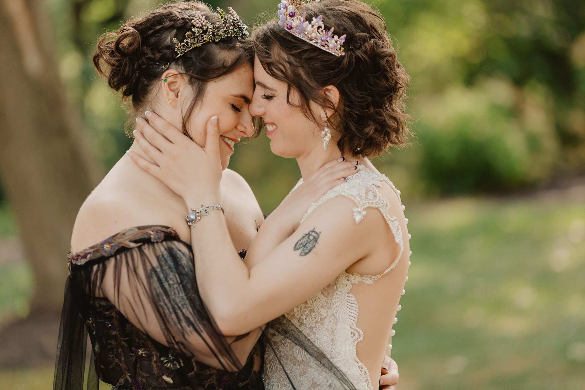 an lgbtq couple embraces lovingly on their wedding day