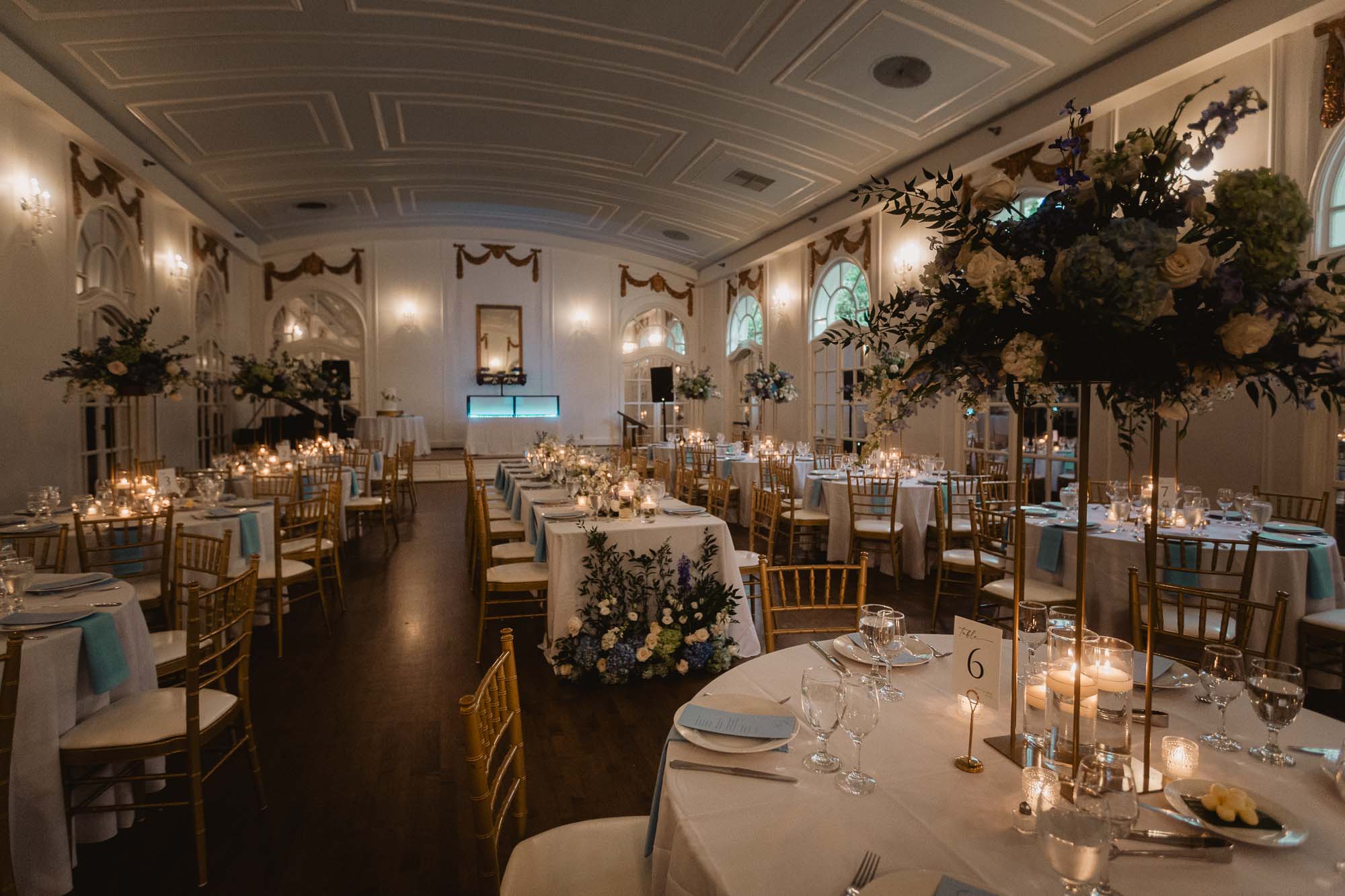 The ballroom of Atlanta's historic Wimbish house is decorated for a wedding reception